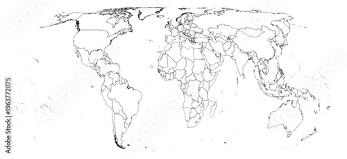 Eckert IV projection world map dashed travel outline without Antarctica global vector graphic geography silhouette shape national border design isolated transparent background atlas eps