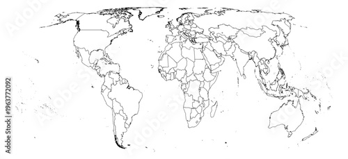 Eckert IV projection world map simple outline without Antarctica global vector graphic geography silhouette shape national border design isolated transparent background atlas eps