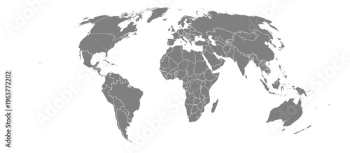 Mollweide projection world map grey fill white borders without Antarctica global vector graphic geography silhouette shape national border design isolated transparent background atlas eps