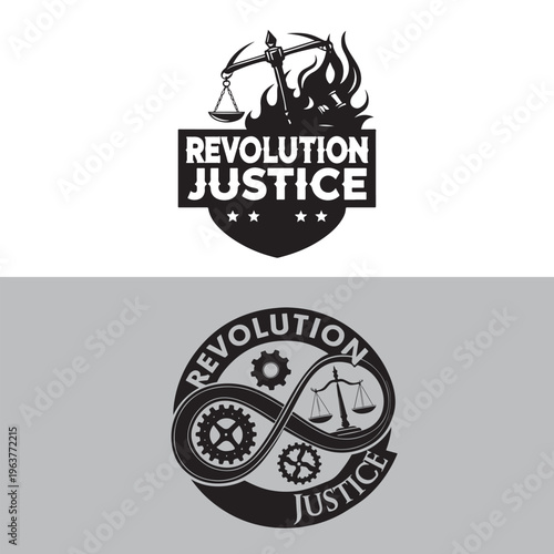 Revolution justice logos with scales and gears