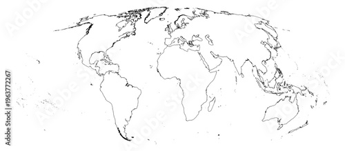 Mollweide projection world map unified continent outline without Antarctica global vector graphic geography silhouette shape national border design isolated transparent background atlas eps
