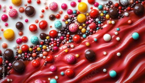 Colorful candy spheres and tiny sprinkles scattered over glossy red swirls and white creamy base, playful vibrant confection close-up