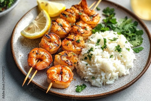 Grilled shrimp skewers with fluffy cilantro rice, lemon wedge and fresh herbs on a ceramic plate, warm and appetizing