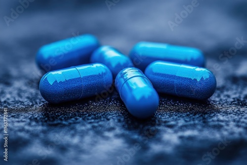 Close-up of glossy blue capsules with visible granular filling on a dark textured surface conveying a cold clinical mood