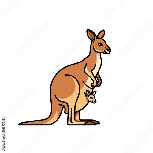 Cartoon illustration of a kangaroo with a joey in its pouch, isolated on white.