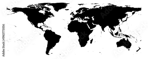 Equirectangular projection world map unified solid black without Antarctica global vector graphic geography silhouette shape national border design isolated transparent background atlas eps
