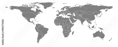 Equirectangular projection world map grey fill white borders without Antarctica global vector graphic geography silhouette shape national border design isolated transparent background atlas eps