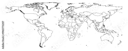 Equirectangular projection world map simple outline without Antarctica global vector graphic geography silhouette shape national border design isolated transparent background atlas eps