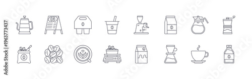 collection of 16 minimal thin line coffee icons such as kettle, coffee sack, coffee shop board, coffee bean, coffee take away, latte art, coffee cup, weight scale,