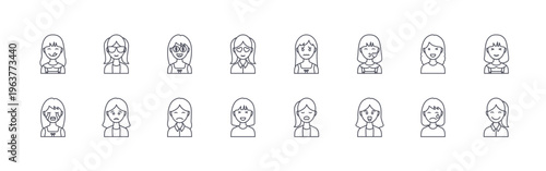 collection of 16 minimal thin line avatar girl icons such as hungry, cry, cool, tired face, dollar in eye, sad face, heart eye, happy face, scared. editable stroke vector illustration