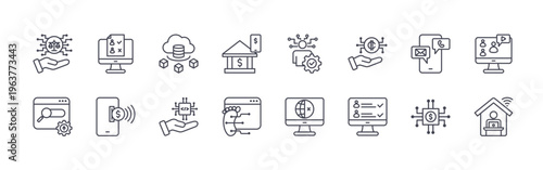 collection of 16 minimal thin line digital services icons such as intellectual property, seo, online election, mobile payment, big data, digital service, online banking,