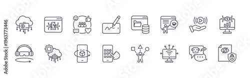 collection of 16 minimal thin line digital services icons such as digital wallet, virtual reality, digital strategy, api, social media, augmented reality, digital signature,