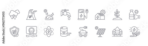 collection of 16 minimal thin line ecology icons such as storm, eco friendly, nuclear plant, water pollution, greenhouse effect, energy, water tap, barrel, charging station. editable