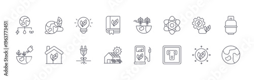 collection of 16 minimal thin line ecology icons such as nature, watering can, ecology, eco house, eco light, green energy, book, solar house, wind turbine. editable stroke vector