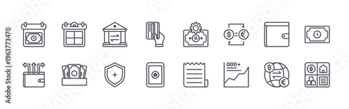 collection of 16 minimal thin line finance icons such as installment plan, spending, term deposit, expense, bank transfer, health insurance, pay credit card, mbanking,