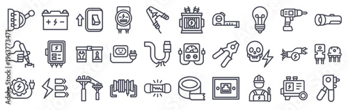 Set of 30 electrician tools minimal thin line icons including cable, fuse, plier, wiring, voltmeter, switch, socket, drill, light bulb for electrical web design