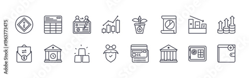 collection of 16 minimal thin line finance icons such as emoney, transaction details, bank statement, deposit, cheque, gold bar, trading, pension fund, investing. editable stroke vector