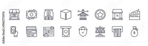 collection of 16 minimal thin line finance icons such as forex exchange, pay cash, transfer, debit card, savings, salary slip, blockchain, cash withdrawal, branch company. editable