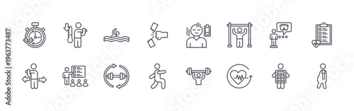 collection of 16 minimal thin line fitness icons such as interval, stretching, cooling down, personal trainer, swimming, repetition, agility, lunge, fatigue. editable stroke vector illustration