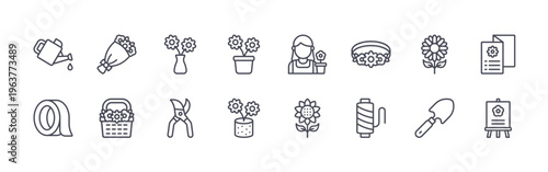 collection of 16 minimal thin line florist icons such as watering can, tape, bouquet, flower basket, vase flower, pruner, flower pot, floral, florist. editable stroke vector illustration