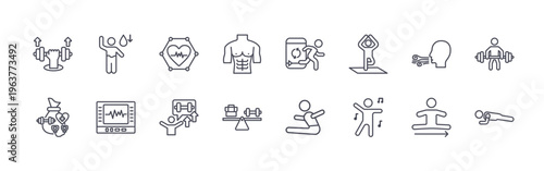 collection of 16 minimal thin line fitness icons such as exercise, fitness equipment, hydration, heartbeat, cardio vascular, motivation, six pack, work life balance, monitoring app.