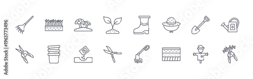 collection of 16 minimal thin line gardening icons such as rake, pruner, grass, flower pot, mushroom, seeding, plant, hedge shears, boots. editable stroke vector illustration isolated on white