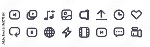 collection of 16 minimal thin line media and entertainment icons such as next, repeat, collection, pause, add song, globe, picture, flash, mute. editable stroke vector illustration isolated on