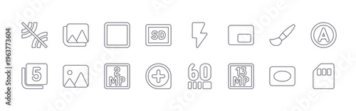 collection of 16 minimal thin line photo and image icons such as leak, five, image gallery, image, crop, megapixel, sd, loupe, flash. editable stroke vector illustration isolated on white