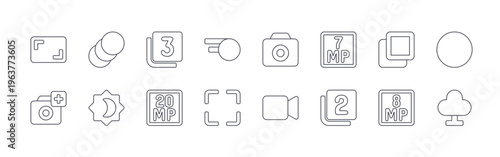 collection of 16 minimal thin line photo and image icons such as aspect ratio, camera, animation, brightness, three, megapixel, blur, crop, camera. editable stroke vector illustration isolated on