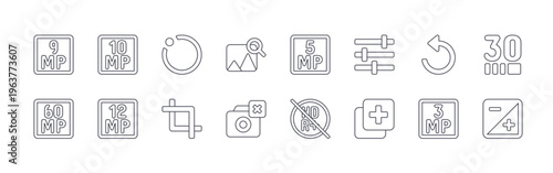 collection of 16 minimal thin line photo and image icons such as megapixel, megapixel, megapixel, motion, crop, image search, camera off, editable stroke vector illustration isolated on white
