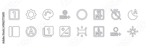 Foto collection of 16 minimal thin line photo and image icons such as one, slide, brightness, motion, color palette, one, hdr, contrast, circle