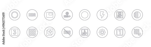 collection of 16 minimal thin line photo and image icons such as circle, three, hdr, grid on, picture, add, hdr, hdr, circle. editable stroke vector illustration isolated on white
