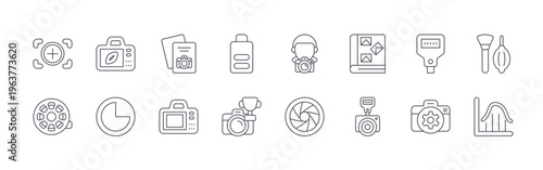 collection of 16 minimal thin line photography icons such as focus, film roll, sports, time lapse, raw file, photograaphy, camera battery, contest, photographer. editable stroke vector