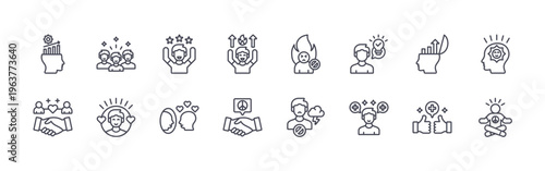 collection of 16 minimal thin line positive thinking icons such as progressive, relationships, positive vibes, satisfaction, excited, love yourself, enthusiasm, reconciled, no angry. editable