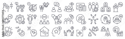 Set of 30 social polarization minimal thin line icons including division, unity, activists, discourse, echo chamber, ideology, community, tension, conflict and fractured society concepts