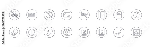 collection of 16 minimal thin line photo and image icons such as blur, transition, hdr, contrast, flare, animation, aspect ratio, loupe, raw. editable stroke vector illustration isolated on white