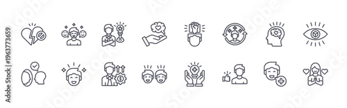 collection of 16 minimal thin line positive thinking icons such as no broken, affirmations, good mood, happiness, confidence, enterprising, mental health, joy, inner strength. editable