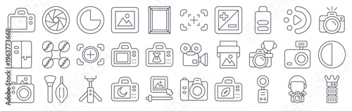 Set of 30 photography minimal thin line vector icons including landscape, camera, gallery, photo editing, night mode, aperture, tr, lens, exposure, and photographer