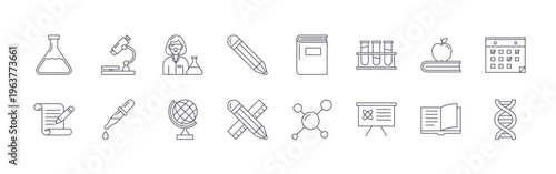 collection of 16 minimal thin line science education icons such as erlenmeyer flask, writing, microscope, drop pipette, scientist, globe ball, pencil, pencil and ruler, book. editable