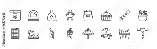 collection of 16 minimal thin line picnic icons such as cooler, picnic blanket, plate, park, recycle bag, lighter, grill, softdrink, food container. editable stroke vector illustration