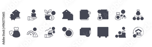 collection of 16 minimal thin line return on investment icons such as saving account, investment security, investment fund, low risk, compound interest, high return, treasury,