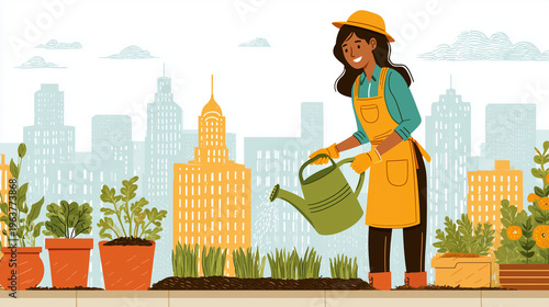 Smiling Woman Watering Plants in Urban Garden with City Skyline Background – Sustainable Living, Home Gardening and Eco-Friendly Lifestyle Illustration