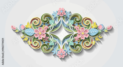 Decorative paper craft floral design with pastel colors and shadows.