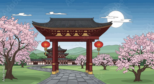 Tranquil Japanese garden with ancient temple and cherry blossoms.