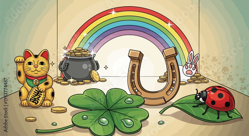 Whimsical illustration of various good luck charms.