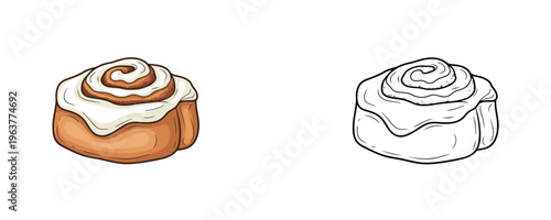 Cartoon cinnamon roll bun with sugar icing in color and black line art styles showing sweet glazed pastry for bakery menu on white background