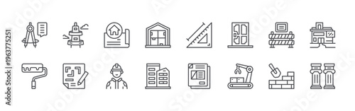bundle of 16 editable thin line architecture icons including drawing compass, paint roller, tower, house plan, blueprint, builder, warehouse, office building, measuring. editable stroke