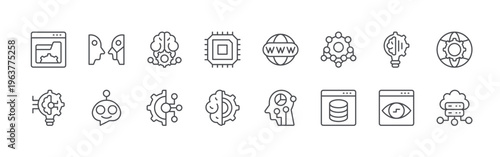 bundle of 16 editable thin line artificial intelligence icons including file management, ai development, turning, chatbot, deep learning, technology, cpu, brain, web. editable stroke vector