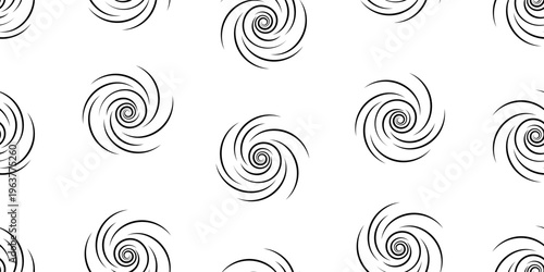 Seamless pattern featuring a top view of black minimalist tornado spirals and vortex shapes