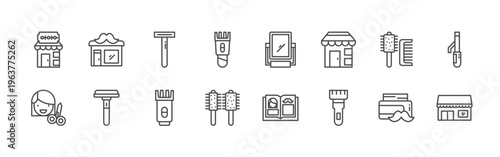 bundle of 16 editable thin line barbershop icons including barbershop, haircut, barbershop, razor, razor, hair clipper, hair clipper, hair brush, mirror. editable stroke vector illustration